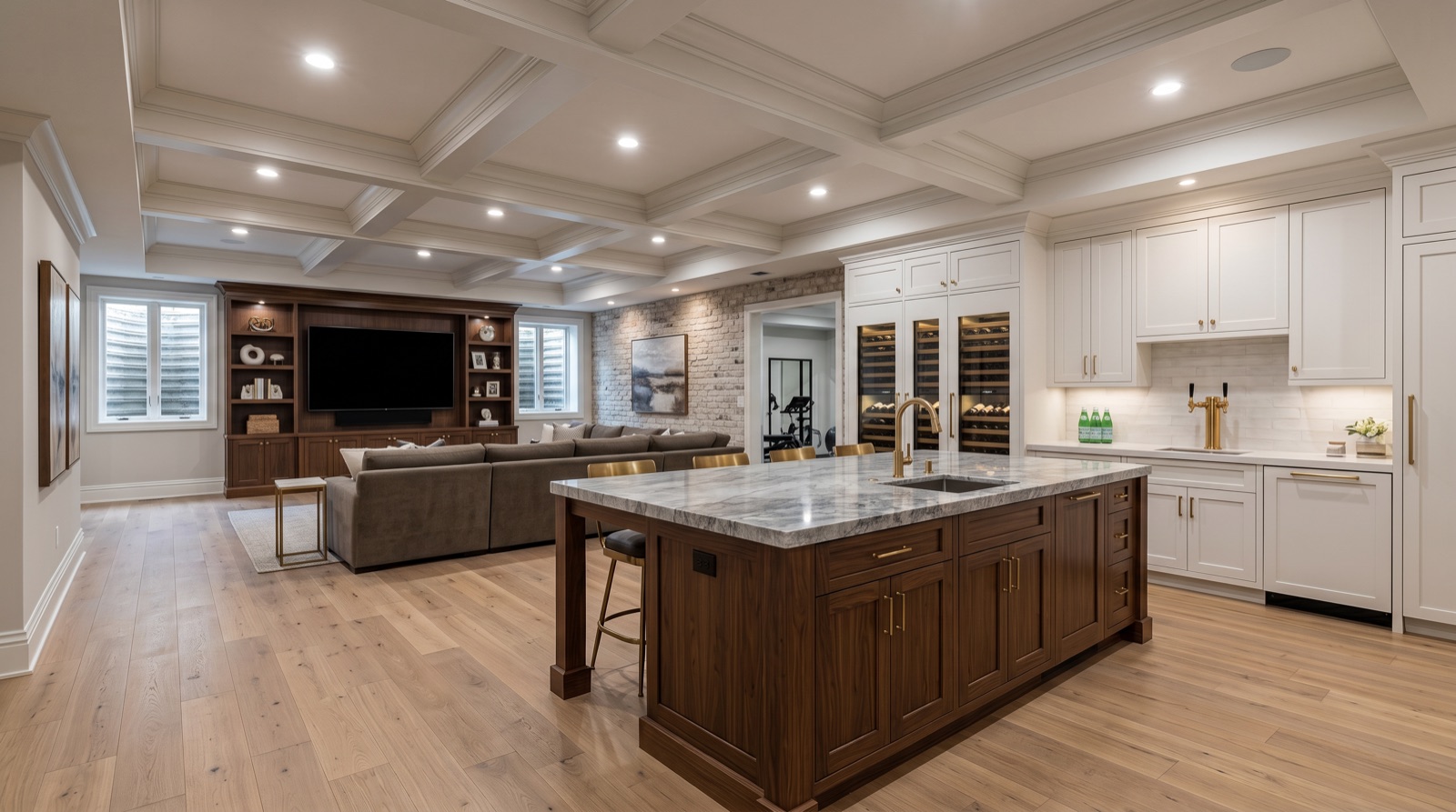Finished lower-level living space with wet bar and entertainment area by Black Label Construction