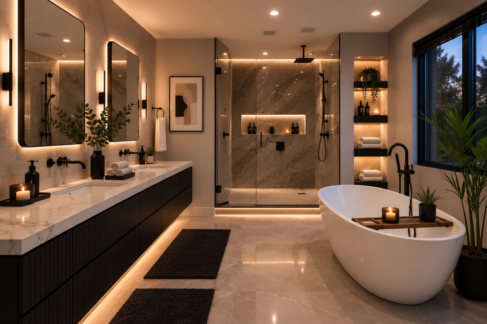 Luxury spa bathroom renovation with freestanding tub and double vanity by Black Label Construction