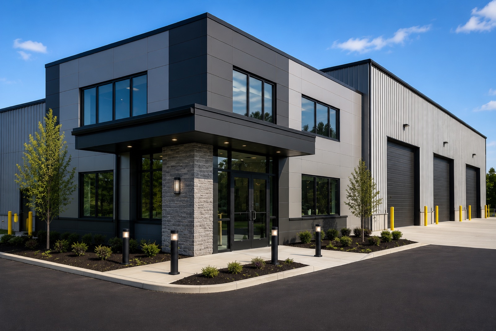 Modern commercial facility expansion with office entry and warehouse bays in Novi, Michigan
