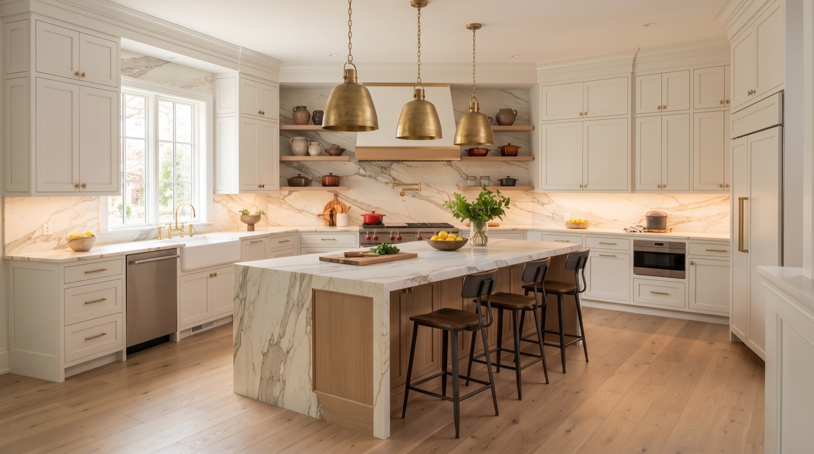 Modern custom kitchen remodel with marble waterfall island in Metro Detroit