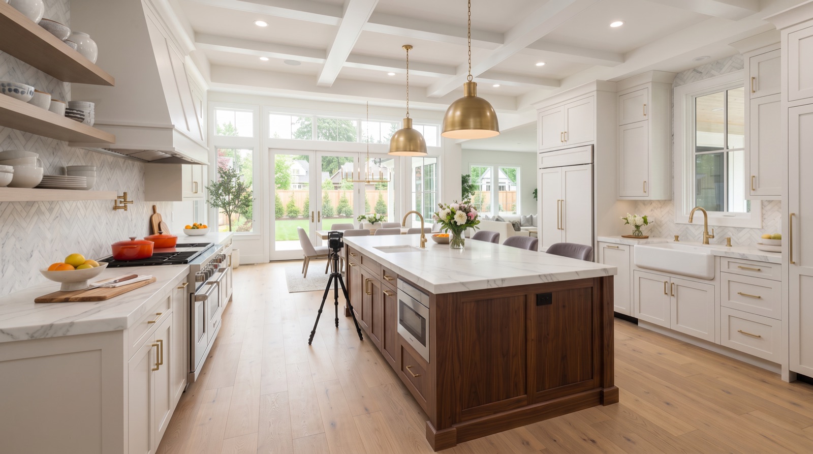 Bright custom kitchen with walnut island, coffered ceiling and brass pendants by Black Label Construction
