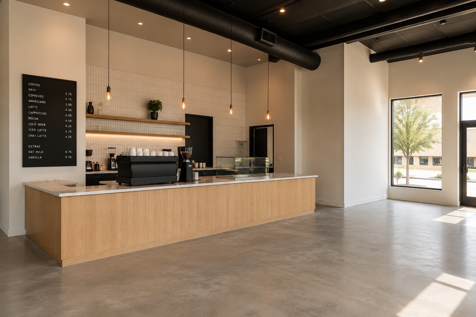 Boutique café tenant build-out with wood counter and storefront windows by Black Label Construction