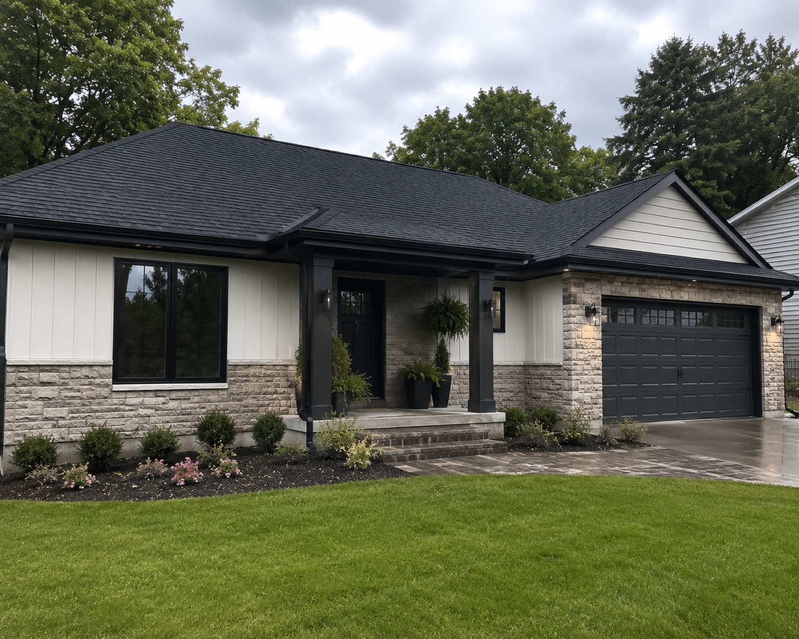 Full roof replacement and exterior renovation on a stone-and-siding ranch home in Westland, Michigan